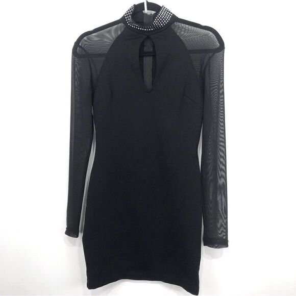 Windsor Black Sparkle Collar Sexy Semi Sheer Long Sleeve Mini Party Dress - Picture 1 of 15